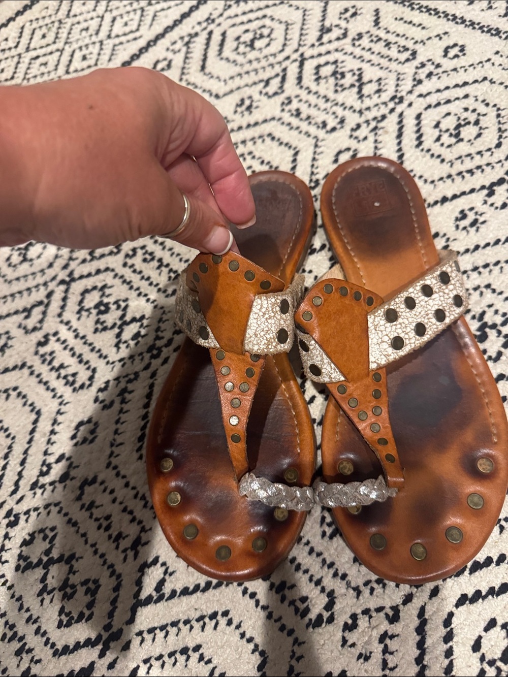 Frye Brown Leather Thong Sandals with Silver Accents